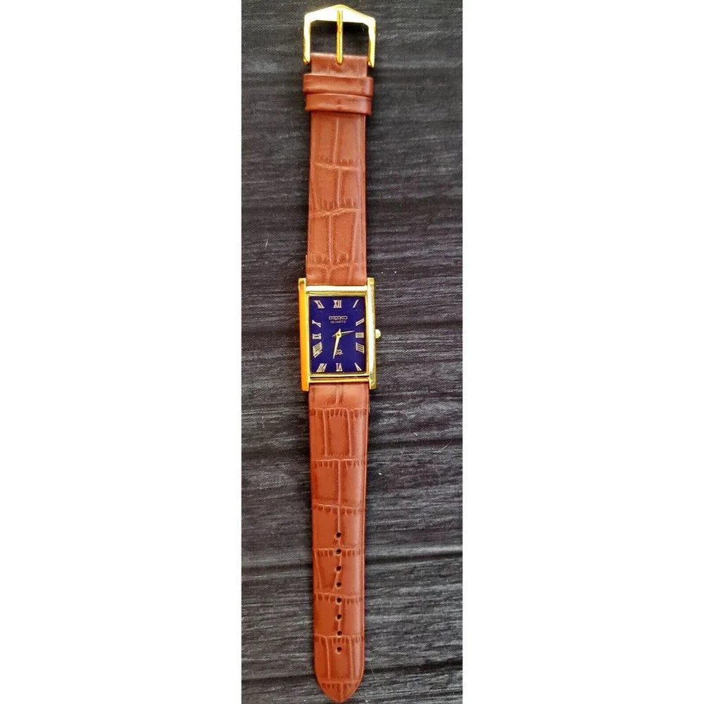 RARE NOS Seiko Men's Rectangular‎ Tank Gorgeous Gold Case Blue Dial Dress Watch